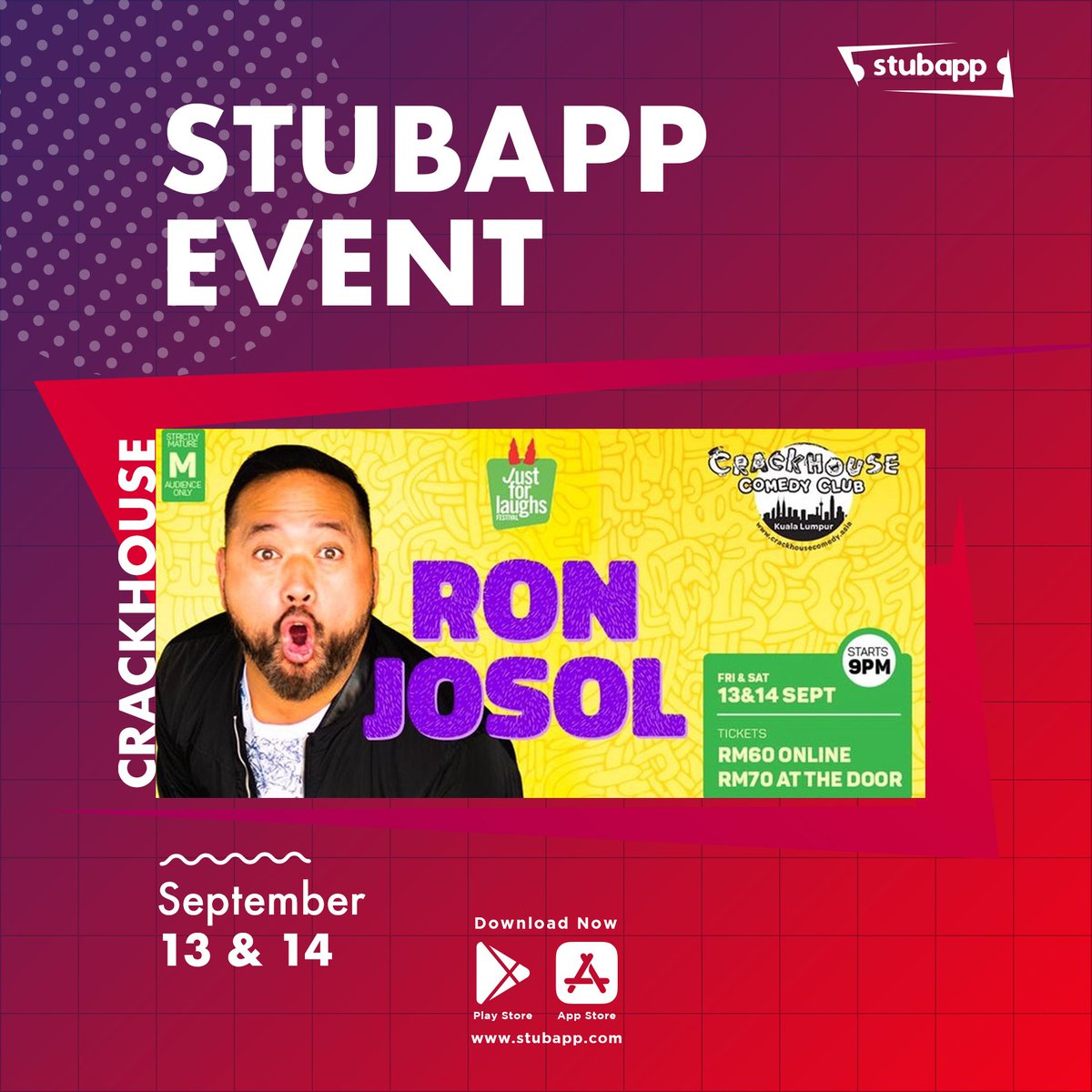 Stubapp's tweet photo. RON JOSOL is back! Comedy killer Ron Josol returns to the Crackhouse! He’s completely devastated the room with laughter every time he’s come to town and we can’t wait to see him in action this time! @CrackhouseKL 

For Tixs : https://t.co/OIYZElb4KK https://t.co/X8XyXkWMSv