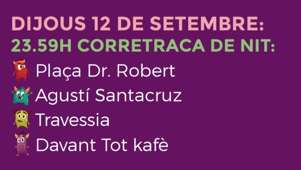 correfocsfc's tweet photo. Avui a les 23:59 us esperem al corretraca de nit! 🔥🌠🌙 Que anirà de la plaça Doctor Robert fins a davant del Tot kafè🏃🏽‍♀️🏃🏼‍♂️
Seguidament el @kulactiu començarà el correbars🍻🥃
Us hi esperem!!!👹🐴👻
#sfcFM #FMCodines19 #sfc182 #sfc #festamajor #codines  #codigram https://t.co/P9C8ag6YxB