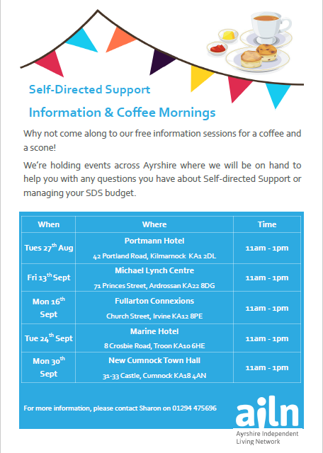 Do you have a query about your Self-Directed Support (SDS) payroll or would you like to find out more about SDS? if you do, come along to one of our drops in's &amp; enjoy a cuppa and cake. <a href="/sahscp/">South Ayrshire Health and Social Care Partnership</a> <a href="/NAHSCP/">North Ayrshire HSCP</a>  @EAHSCP  <a href="/NHSaaa/">NHS Ayrshire & Arran</a>  <a href="/PANScotland/">PA Network Scotland</a>  <a href="/VASouthAyrshire/">VASA</a>  <a href="/TAyrshireCT/">TACT</a> <a href="/SAyrshireLife/">South Ayrshire Life</a>