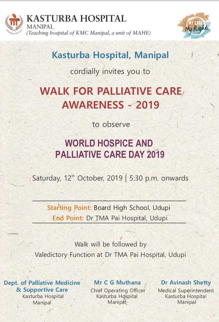 Walk for Palliative Care Awareness 2019. #PalliativeCare #MyCareMyRight @pbaliga_kmc @drballalmanipal @DrHVinodBhat1 @cspramesh @Sachin51376380 @AnantBhan @manipalblog @ManipalUni @DoRMAHE_Manipal @ManipalCon @tmanipalj @manipalthetalk