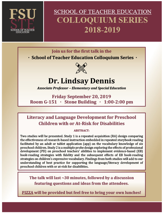 TheFCRR's tweet photo. The School of Teacher Education (@fsueducation) would like to invite you to their monthly colloquium series of research talks. Their next talk–featuring Dr. Lindsay Dennis–will be Friday, September 20 from 1–2 p.m. in STB G151. https://t.co/kG9xbKmieH