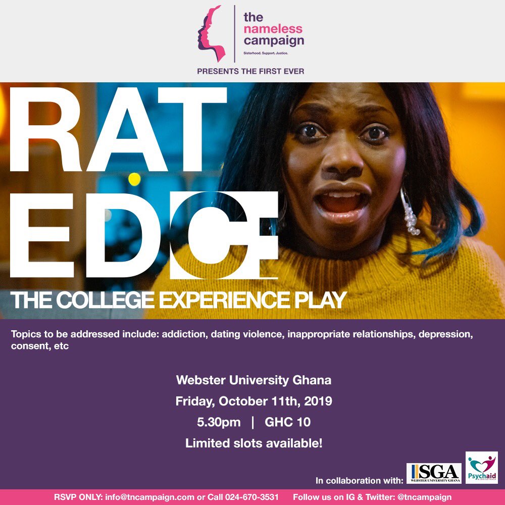 tncampaign's tweet photo. Join The Nameless Campaign for the maiden edition of #RatedC, a theatre production aimed at starting difficult conversations and taking the steps needed for effective change to happen. Registration is currently limited to students and will be open to the public on October 1st. https://t.co/TcexI3sgEN
