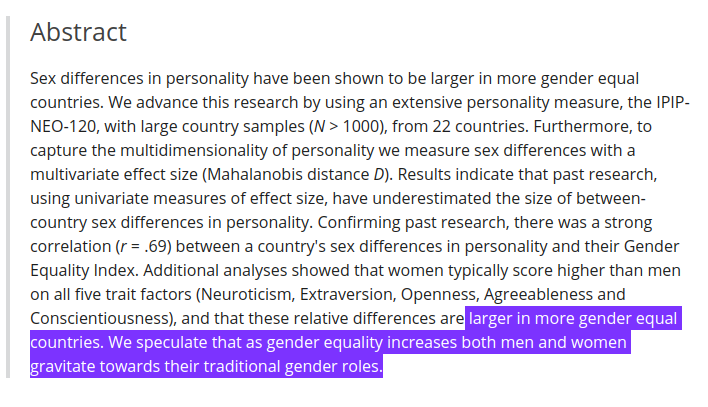  Estima-se que maior igualdade de género resulta numa maior liberdade de escolha por papéis sociais de género mais tradicionais. https://onlinelibrary.wiley.com/doi/full/10.1002/ijop.12529