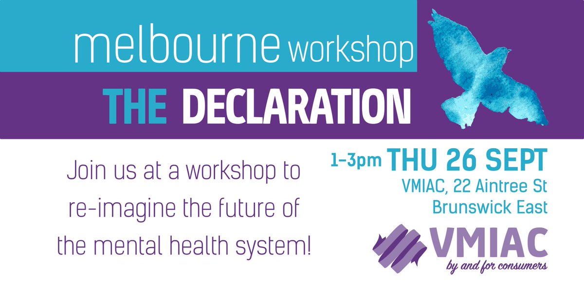 VMIAC's tweet image. Calling consumers &amp;amp; survivors in the Melbourne metro area - let's dream together!

Join our workshop on #TheDeclaration, a collective vision by consumers of the future for #MentalHealth!

📆THU 26 Sep, 1-3pm, 22 Aintree St, Brunswick East
📞9380 3900 or e: reception@vmiac.org.au
