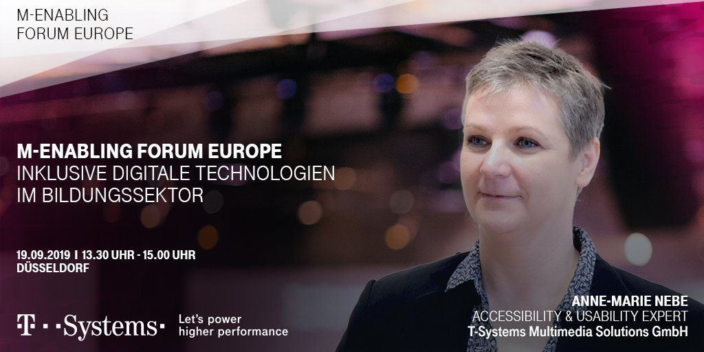Telekom_MMS's tweet image. Sie interessieren sich für digitale #Barrierefreiheit? Alles zu inklusiven digitalen Technologien im Bildungssektor erklärt #TSystems-Expertin Anne-Marie Nebe beim @mEnablingEurope am 19.9. in Düsseldorf. bit.ly/2lVDpcD  #mEnablingForum19
