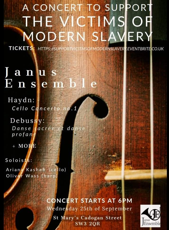 Tonight! More than 14000 victims of modern slavery reside in the UK, 70% of whom travel through Greater London. <a href="/JanusEnsemble/">Janus Ensemble</a> will be performing with soloist and #CMFArtist <a href="/arianakashefi/">ariana kashefi</a> to raise money and awareness. Tickets available here 🎟️bit.ly/2ktAtnj🎟️