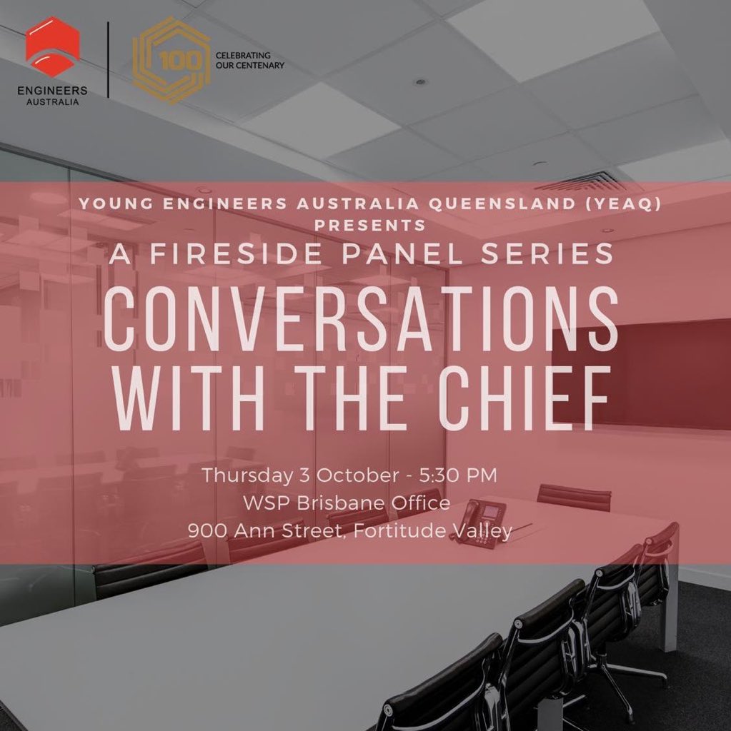 SAVE THE DATE! Conversations with the Chief
Join us 3 October at WSP’s new state-of-the-art facilities as we hear from some of Queensland’s seniormost engineers and executive-level leaders in fireside chat, panel style event
Register now:engineersaustralia.org.au/event/2019/08/…
#YEAQ  #100yearsEA