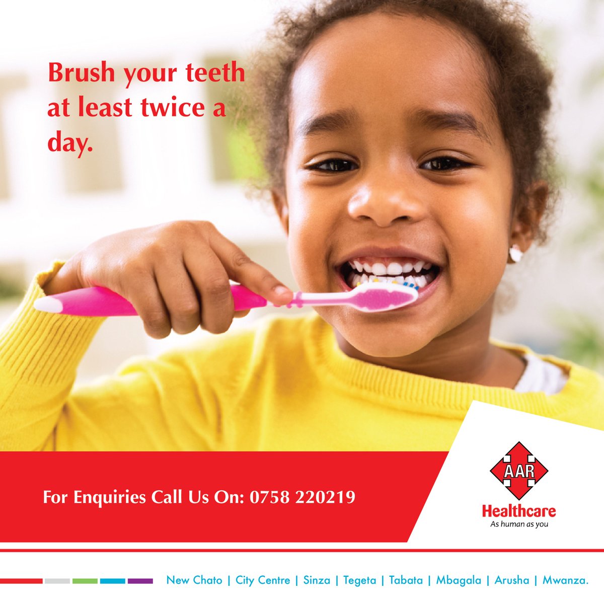 Make you brush at least twice a day for 2 minutes each time for healthy teeth. For dental services, please visit our Polyclinics to meet our Dentist, Kaaribu. 
________
#AARHealthcare #KaaribuTukuhudumie #AAR #Doctor #Daktari #Dentist #Dental  #Health #Medical #Thursday #Tanzania