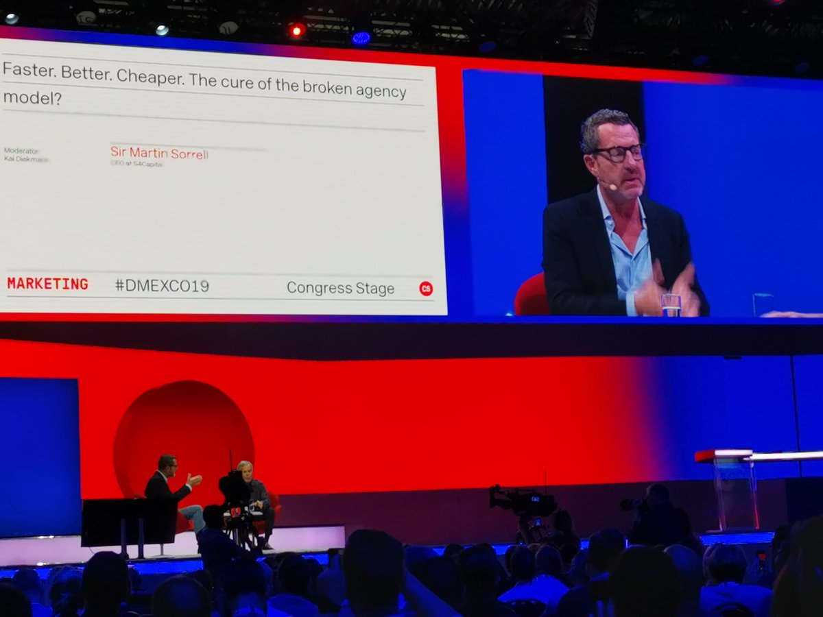 jlefevrebonn's tweet image. Auf der #DMEXCO19 sagt @martinsorrell im Gespräch mit @KaiDiekmann, dass Agenturen agiler, technologiegetriebene und effizienter werden müssen. Agenturen sind der #servicelayer, die Schnittstelle zu den großen Plattformen.
