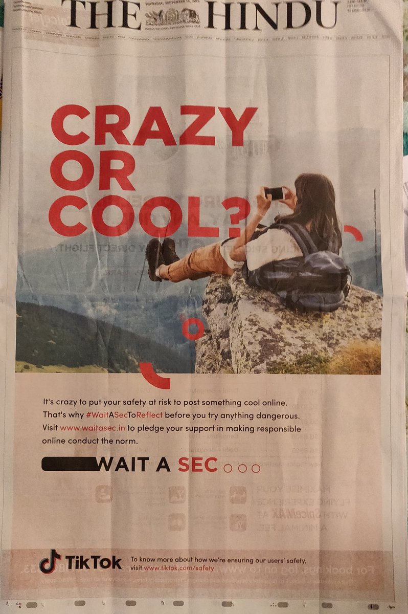 sai_ganesh's tweet photo. WOW! Tik Tok releases a full page jacket ad across publications to promote #WaitASecToReflect, to reduce selfie-related accidents. https://t.co/BcfxCMEUEx