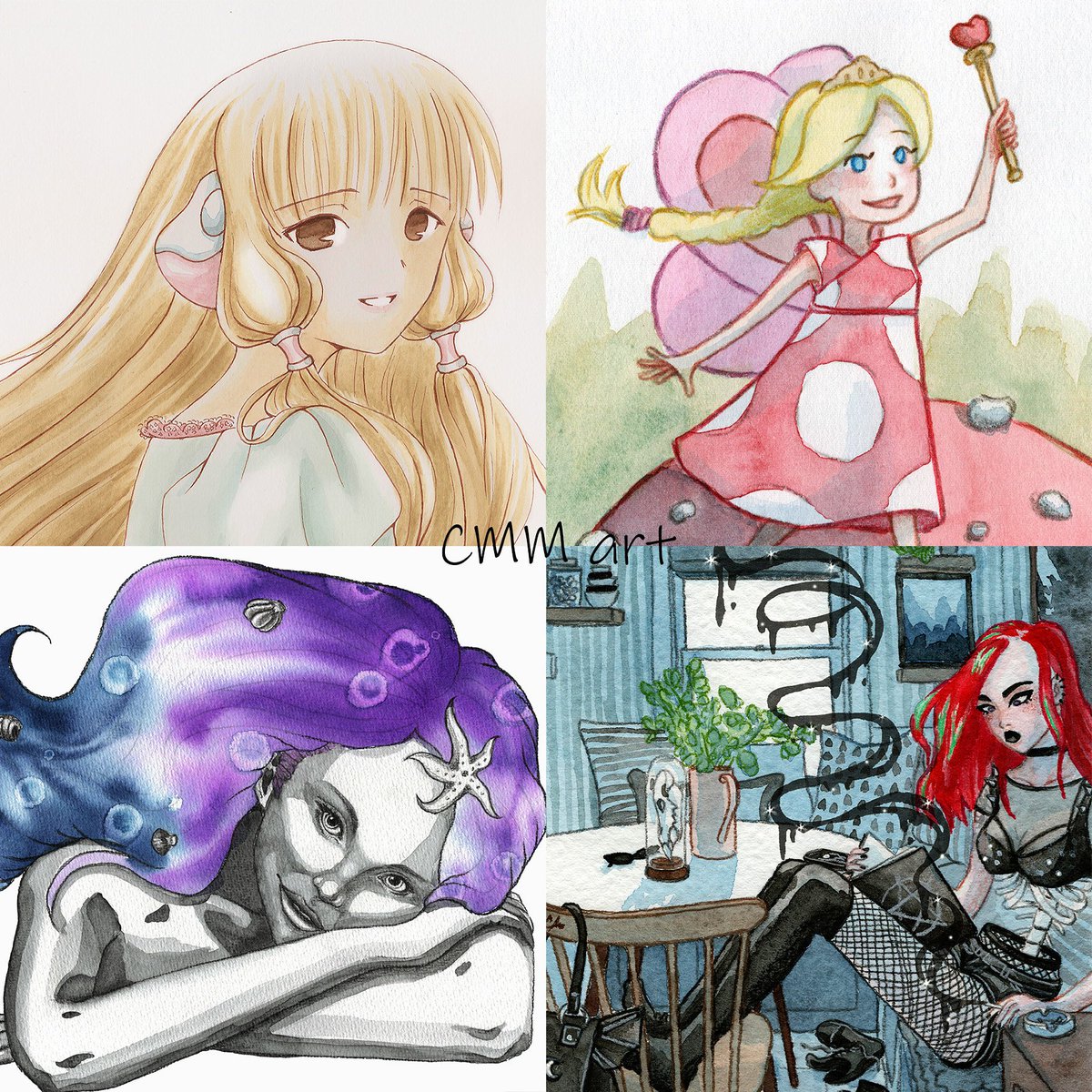 I've seen the #4styles and I thought it might be interesting to try it myself. So here are four girls in four different styles 😊 
#illustration #art #fourgirls #fanart #childrensbook #mermaid #drawthisinyourstyle #aquarellepainting #watercolourartist #mixedmedia #chobits