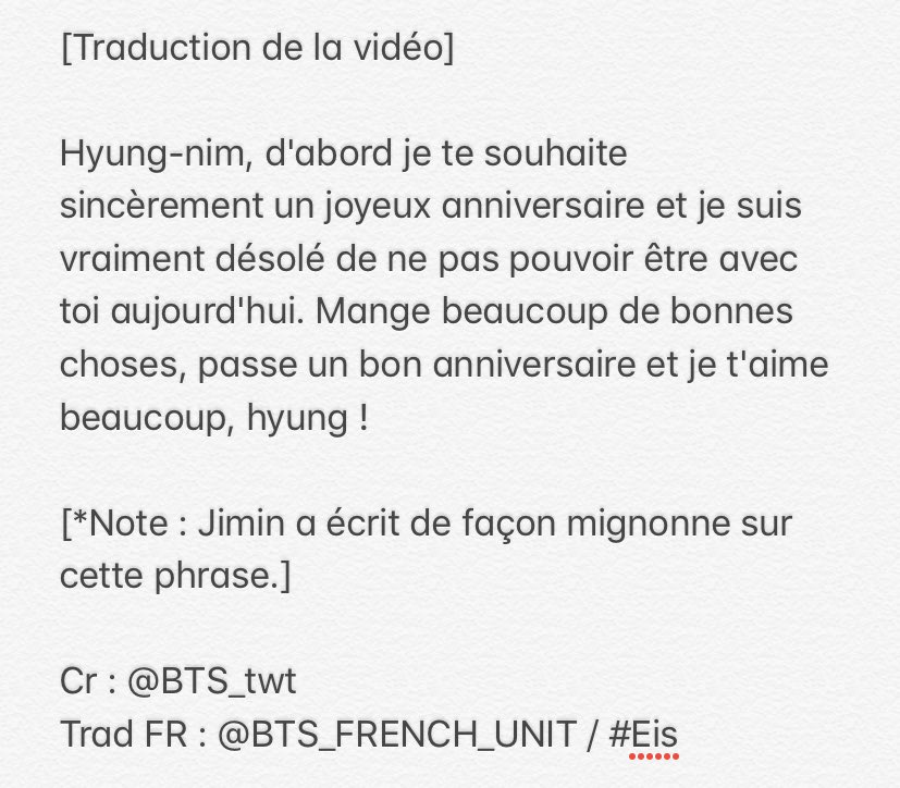 Bts French Unit Twitter Jimin Happy Birthday To Our Hyung Sorry For Being Late Read My Text Message Please Happybirthdaymoni Note Jimin Wrote In