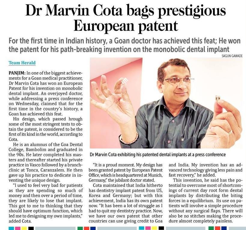 visrane's tweet photo. Congratulations Dr. Marvin Cota on bagging the European Patent for your path breaking invention of the Monobolic Dental Implant. This implant will further enhance pain management and fast recovery.

A proud moment for #Goa. https://t.co/0f9Zs9Qhqg