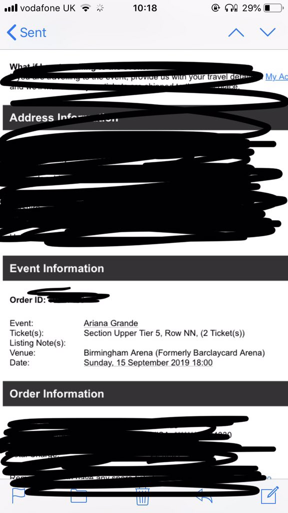 StephMcnally's tweet photo. Absolutely disgusted with @viagogo bought tickets off the site for @ArianaGrande on Sunday in Birmingham and someone else has fraudulently changed my details and resold the tickets. The site is clearly not secure. Those are the seats share away. Scum https://t.co/fvYTqchpns