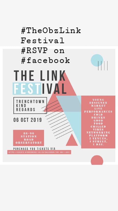 CapeUnsigned's tweet photo. We are giving way 10 tickets(5 double tickets) worth R160 each to #TheObzLinkFestival at #Trenchtown and #KindRegards on the 6th of October. Follow this link to see the details https://t.co/XBQfRXjlAb

#music #market #food #festival #CapeTown #capetownhiphop #ctlive https://t.co/oApewHYzmW