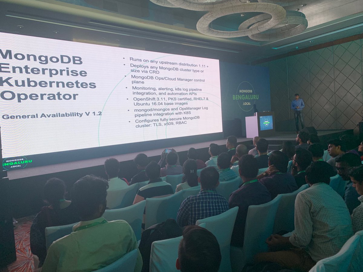 Suvig's tweet photo. Breaking down a monolith into a micro services architecture or setting up your private cloud - Paresh Saraf sharing how to do it with the MongoDB Enterprise Kubernetes Operator at MongoDB.local Bengaluru #MDBlocal https://t.co/1UlkCor5cr