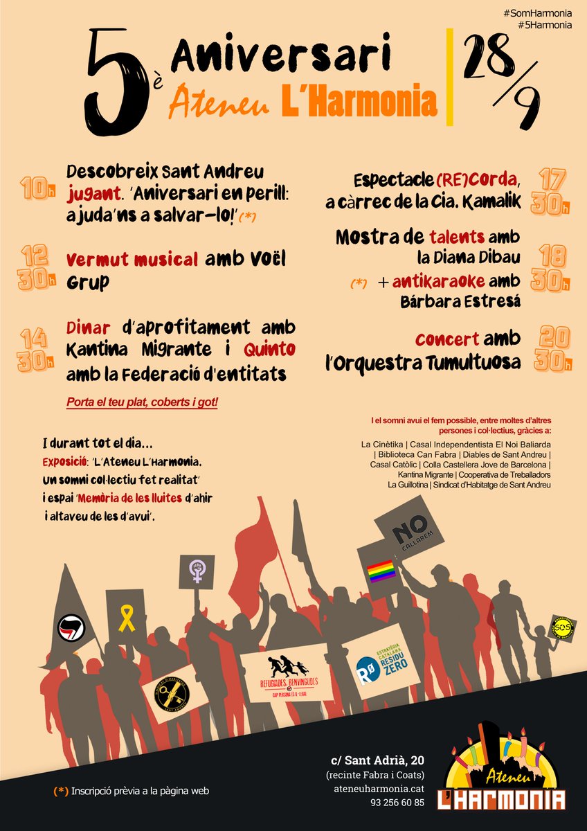 AteneuHarmonia's tweet photo. 🎂Ara sí... ja tenim el cartell del 5è aniversari de l'Ateneu L'Harmonia. Ja fa 5 anys que les parets de l’edifici C de l’antiga @FabraiCoats s'han omplert de somnis, d'l·lusions i esperança. El 28/9 ho celebrarem plegades. Ens hi acompanyes?💜

#5Harmonia 
#SomHarmonia https://t.co/12O0A9s6Rr