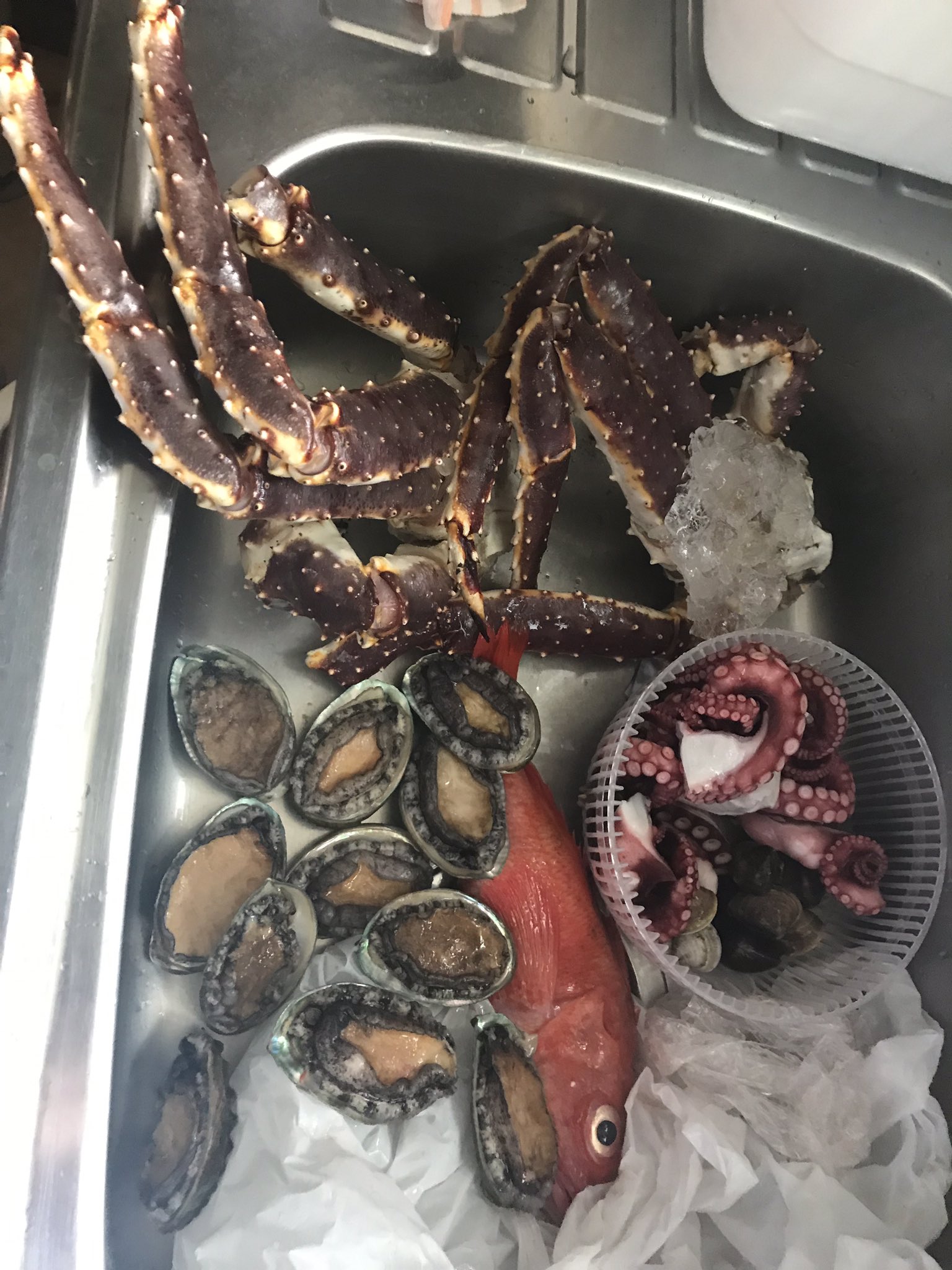 トト 築地にある高邦水産 蟹 魚 貝の詰め放題 1分で00円で袋に入るだけ 入ってなくても乗ってれば タラバガニ2肩 1肩円だって あわび貝 キンキ たこ ハマグリ 高田純次もいた 笑 宣伝してとのことで 築地 築地場外市場