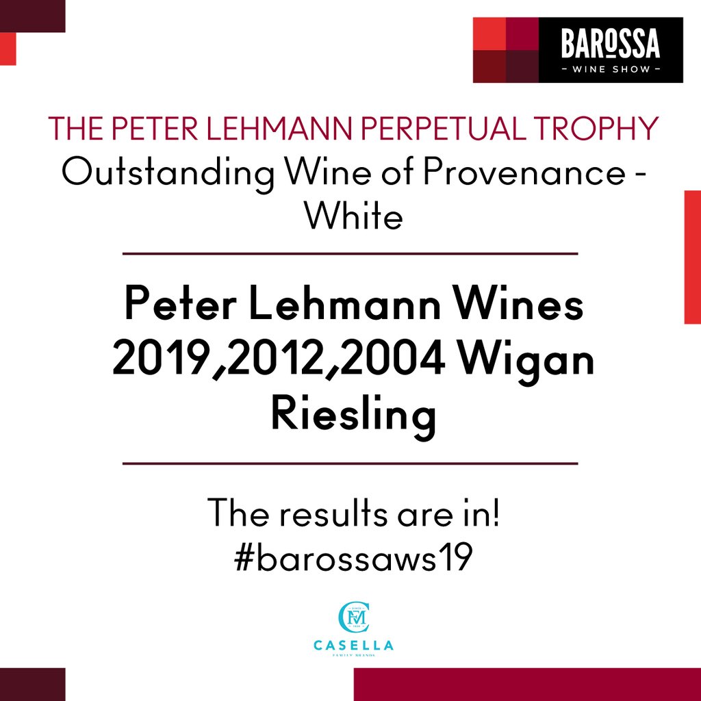 There's no denying it. @peterlehmannwines Wigan Riesling is an icon of Barossa wines. The Wigan Riesling winner, The Peter Lehmann Perpetual Trophy, Outstanding White Wine of Provenance, Barossa Wine Show 2019. 👏 #barossaws19