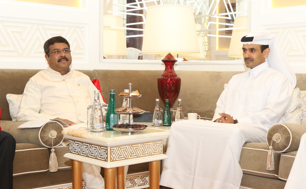 His Excellency Mr. Saad Sherida Al-Kaabi, the Minister of State for Energy Affairs, met in Doha with H.E. Dharmendra Pradhan, Minister of Petroleum, Natural Gas and Steel in India for a discussion of bilateral cooperation in the fields of energy and natural gas.

#Qatar