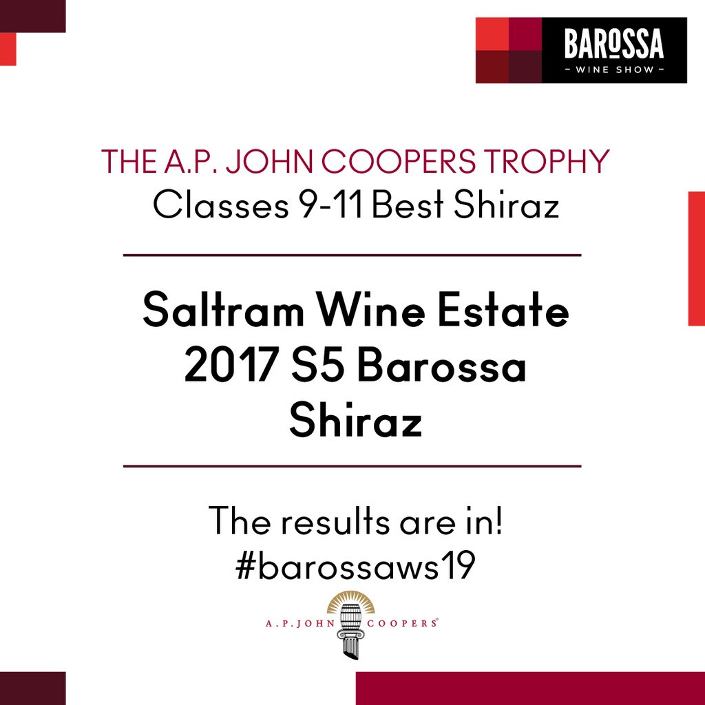 Congratulations @saltramwine! Winner The @apjohncoopers Best Shiraz, Barossa Wine Show 2019! #barossaws2019
