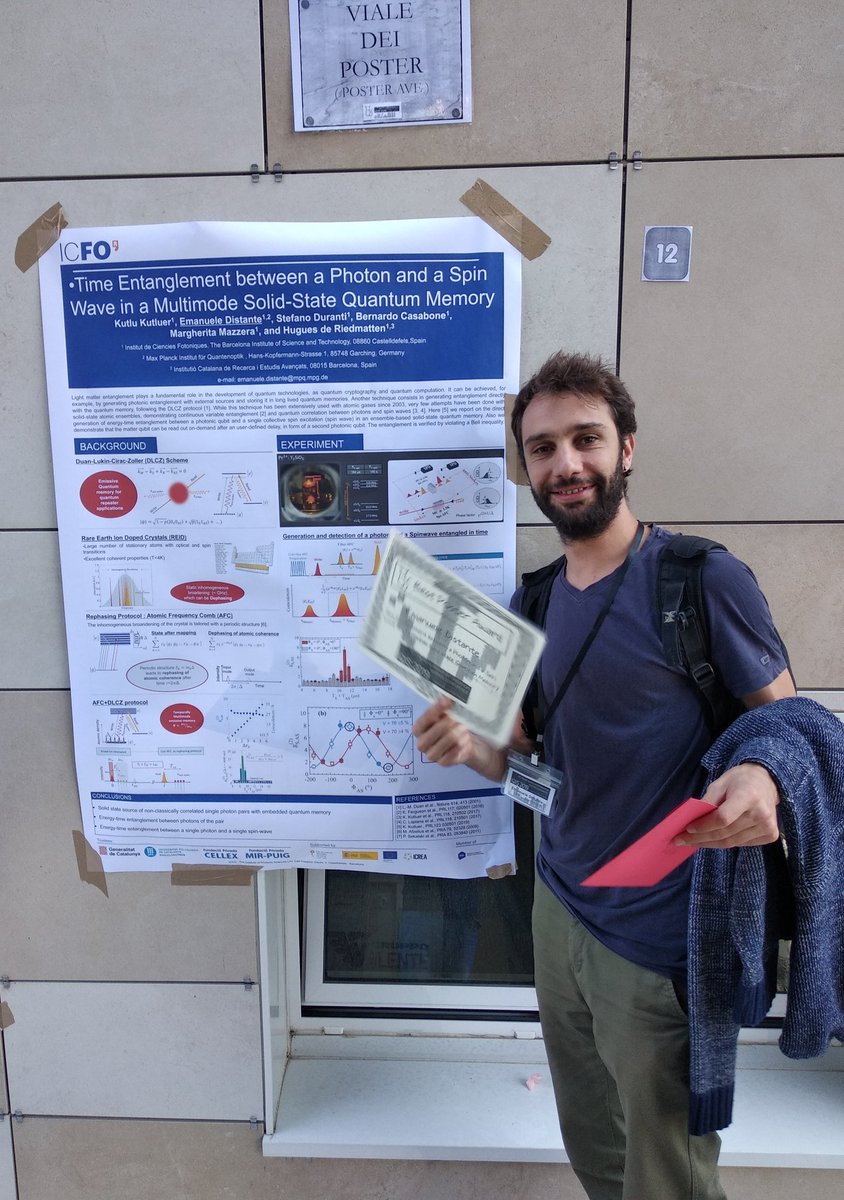 QuantumPSA's tweet photo. Our former postdoc Emanuele Distante has been awarded the poster prize in the conference #iqis in UniMi for the work on "Time-entanglement between a photon and a spin wave in a multimode solid-state quantum memory".

Congratulations!

https://t.co/wjUMh1IFst https://t.co/DTpTcQinE8