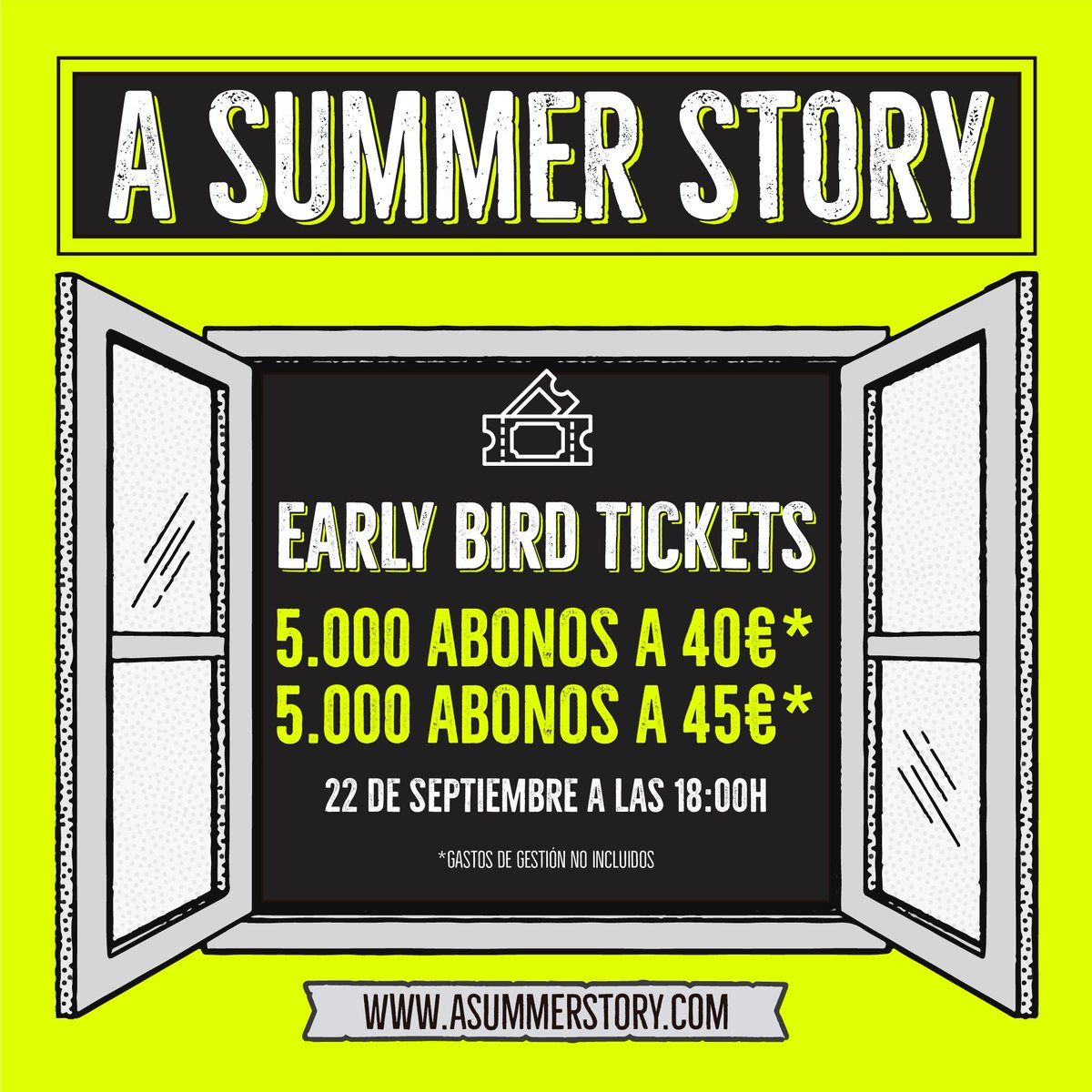 RT+FOLLOW. Sorteo dos abonos. El domingo 22 de septiembre a partir de las 18:00h se pondrán a la venta solo 10.000 abonos. Exactamente el mismo número que el año pasado se agotó en solo unas horas. ¡Date prisa porque van a volar! asummerstory.com #ASummerStory2020
