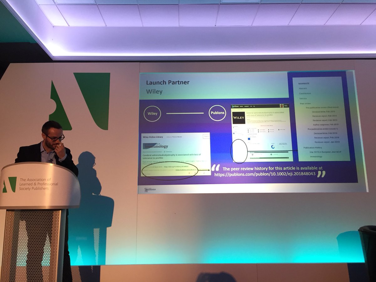 Very interesting talk by @MatthewAHayes1 about #OpenPeerReview.

Amazing to see how engaged @WileyGlobal and @Publons are in ensuring #intelligentopenness in scholarly communication.

#alpsp19 #integrity #transparency #trustworthiness