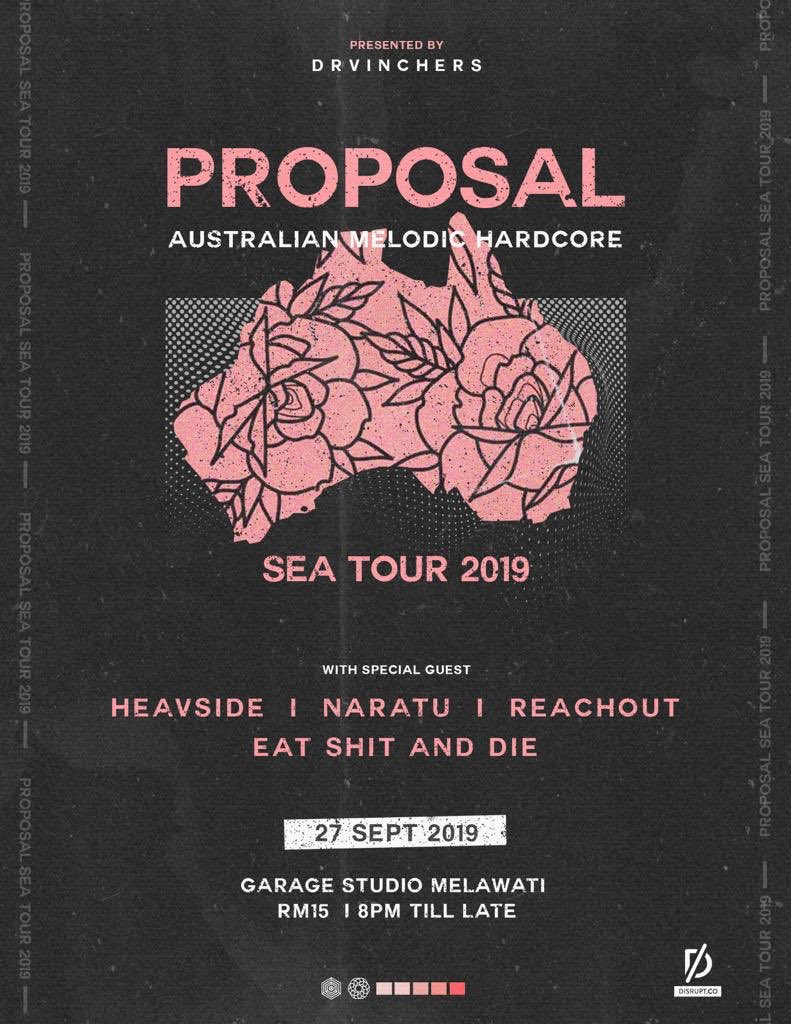 We’ll be opening for <a href="/Proposal_AU/">Proposal</a> (AUS) on 27 September at Garage Studio Melawati  together with <a href="/heavsidekl/">NEW EP OUT NOW !</a> <a href="/naratukd/">Naratu</a> and <a href="/ReachOut_hc/">REACHOUT</a> ! Shout out to @drvinchers and <a href="/DisruptCo/">Disrupt.Co</a> for having us🙌🔥 #eatshitanddiehc
