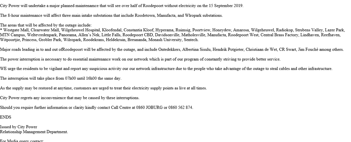 Citypowerjhb On Twitter Roodepoort Planned Power Outage See Below For Details Nn