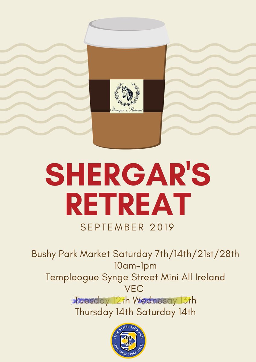 We are halfway through the <a href="/Tempsyngest/">Templeogue Synge St</a> Mini All Irelands. Hot Chocolates galore the first 2 evenings+ more of the same later on!On saturday we won't be in Bushy Park Market but we are not too far away if u want to pop down to the ETB Sports Grounds (VEC). 12-3 PM.<a href="/LisneyIreland/">Lisney</a>