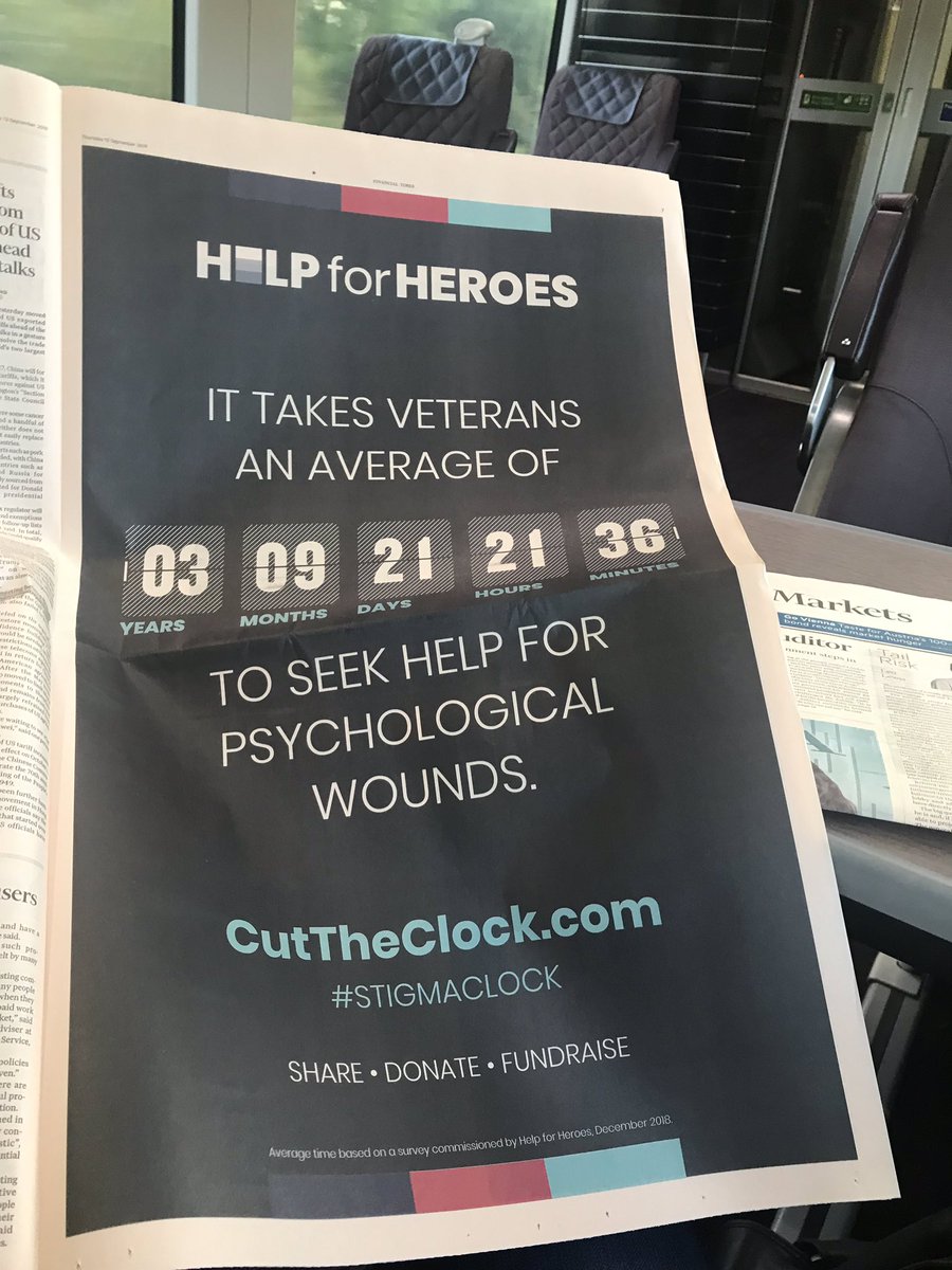 creightonc's tweet photo. Good morning, London. Interesting full page ad in @FT today— @HelpforHeroes #CutTheClock #StigmaClock #SPM19 #BeThere #BeThe1To #NSPW19 #DSEI19 https://t.co/uqt4DsYrfZ