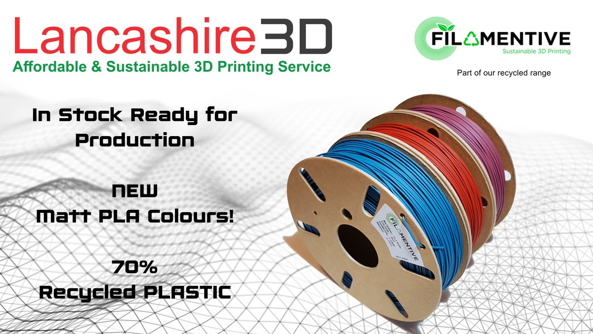 New Matt PLA colours now available for Production. Contains 70% #RecycledPlastic.  #Affordable &amp; #sustainable #3DPrinting you can trust.

#recycling #CircularEconomy <a href="/filamentive/">Filamentive</a>
