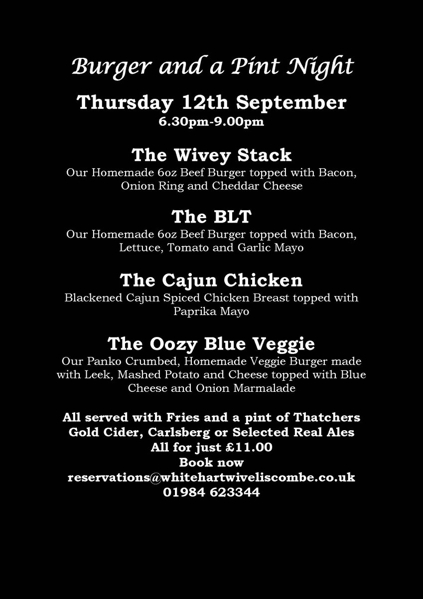 It's Burger and a Pint Night at the Hart!
Here's our menu for the evening!
Book your table on 01984 623344 or just walk in!