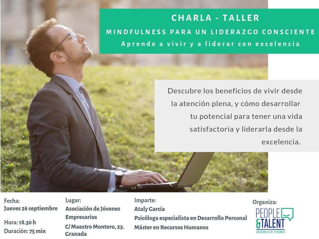 Charla- Taller Mindfulness by @PeopleTalent_ 
📆 jueves, 26 de septiembre a las 18:30h.
📍 Sala de formación de la <a href="/CGE_Granada/">CGE</a> 

Plazas limitas, para hacer tu reserva manda un correo a ajegranada@ajegranada.org o llamando al 958225690.

¡¡Os esperamos!!