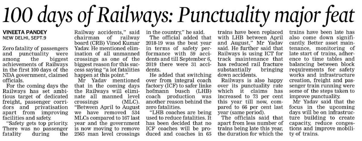 PiyushGoyalOffc's tweet photo. India witnessed enhanced safety and convenience for railway passengers in the first 100 days of Modi Govt, which was made possible through numerous initiatives like the removing manned level crossings, safer coaches and better maintenance of stations. https://t.co/QRcUzVqX17