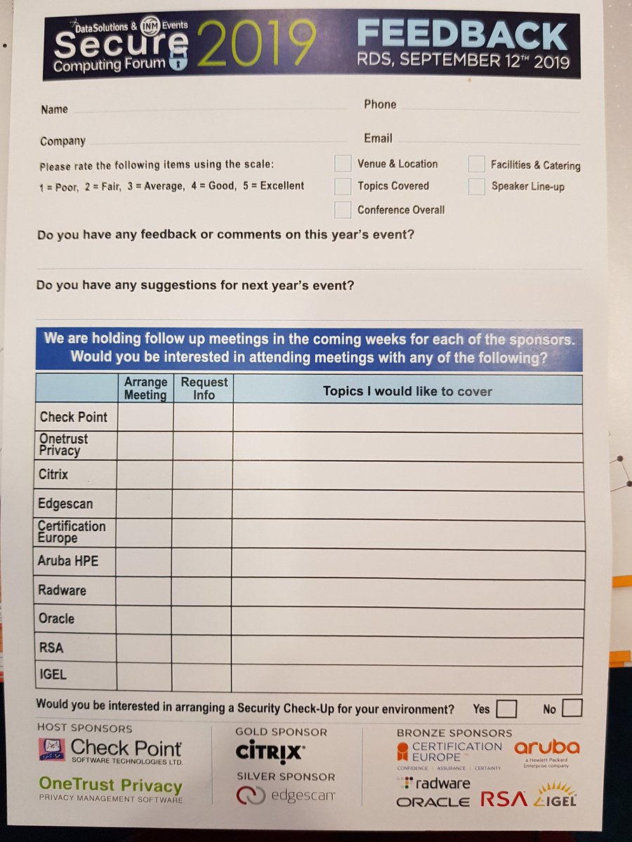 edgescan's tweet photo. Nice #oldschool feedback form on the back of the #SCFDublin agenda. Take a minute to complete and there's also an opportunity to arrange a meeting with @edgescan and the other sponsors. @SCFDublin https://t.co/dVstYx90Z4