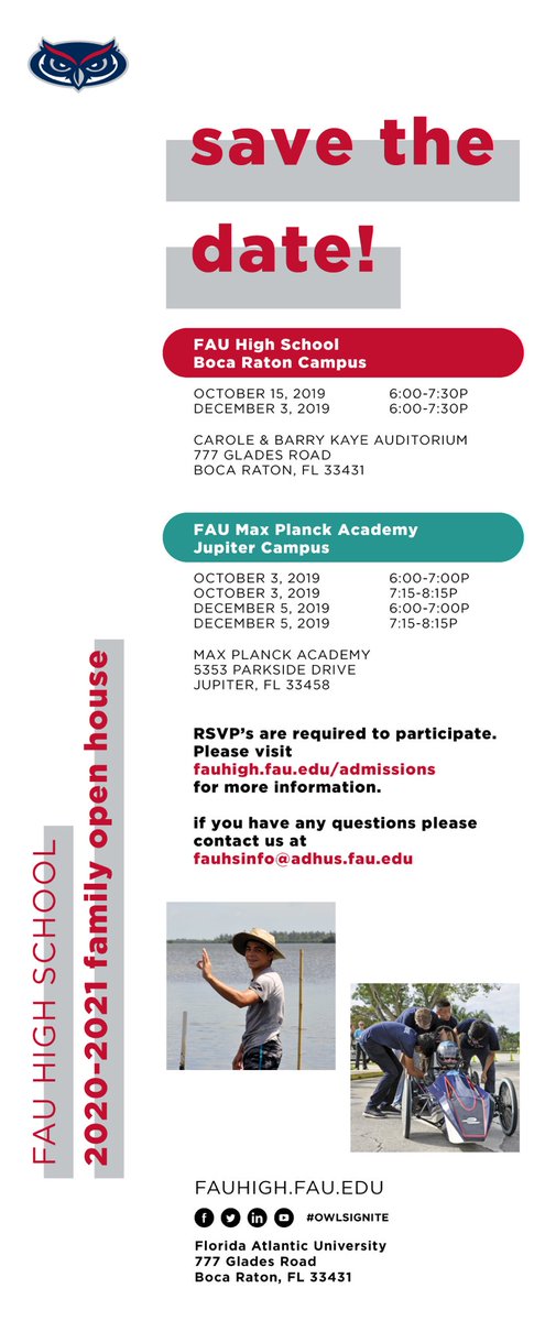 mollyroseadam's tweet photo. Save the dates for FAU High School and FAU - Max Planck Academy’s Open Houses. Visit our website for more information and to RSVP. #fau #fauowls #owlsignite https://t.co/tWCKVEBKo2