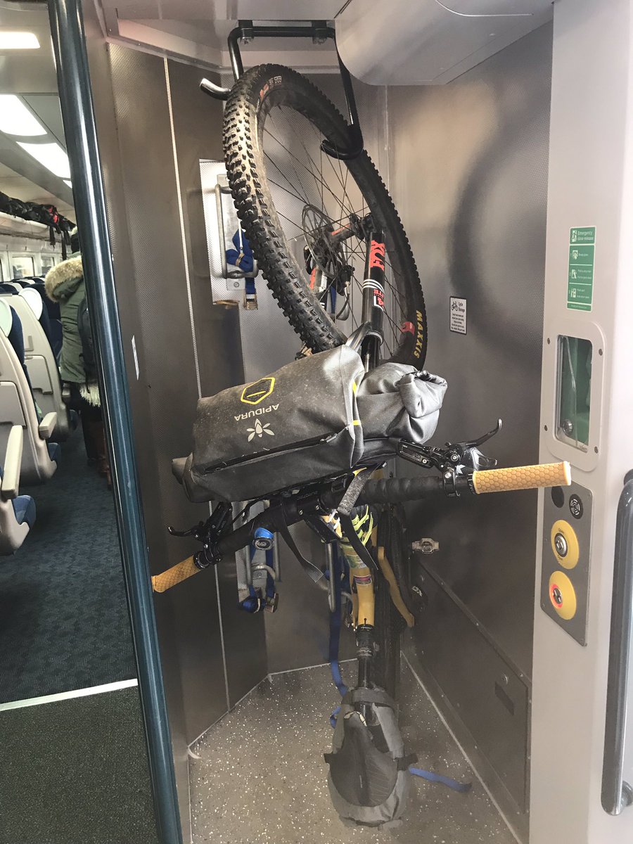 Good one @ScotRail Your HST refurb bike storage is a distaster. The wheels don’t fit on the hooks and you can’t get more than one bike in the space. This train from Inverness is now stopped because the emergency door release was broken by the bars. 🤷‍♀️