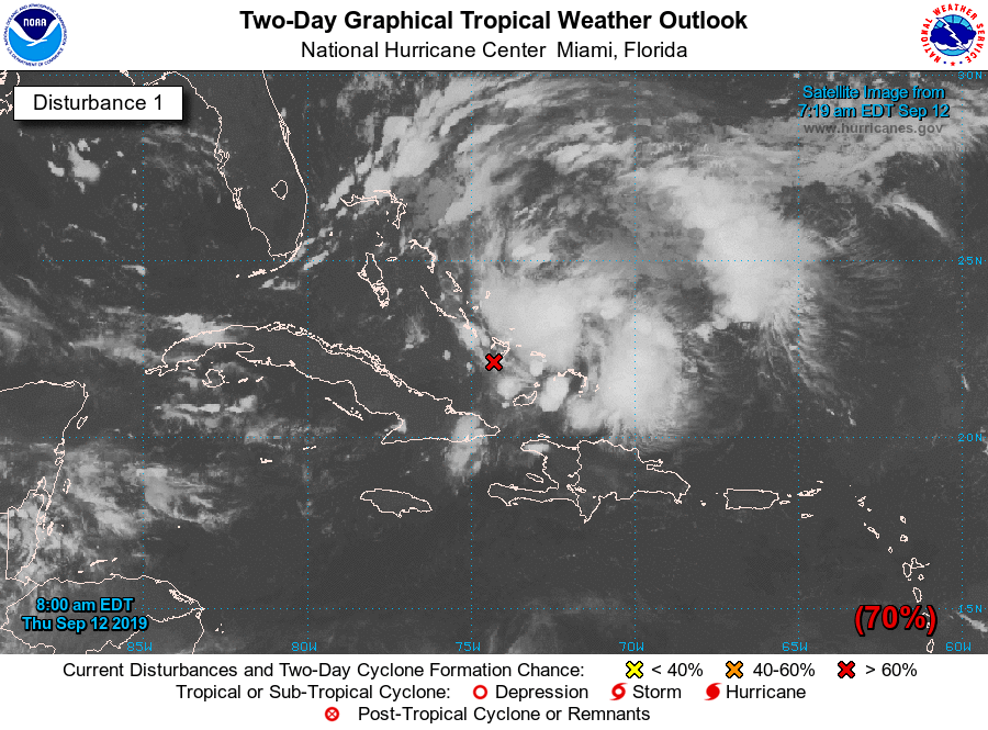NHC_Atlantic's tweet photo. A tropical depression or tropical storm is likely to form from the area of disturbed weather located over the central and southeastern Bahamas. Heavy rainfall and gusty winds will affect portions of the Bahamas through Friday #AL95 https://t.co/tW4KeFW0gB https://t.co/UGcx2PXJ6V