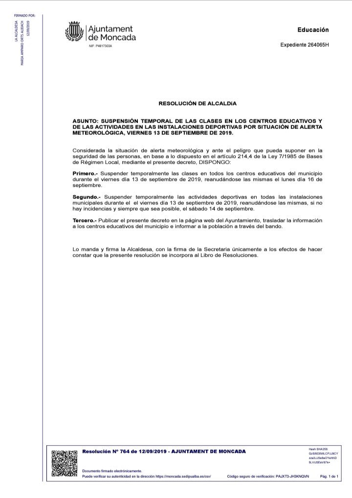 ⚠️ SUSPENSIÓN DE CLASES EN MONCADA MAÑANA VIERNES 13 DE SEPTIEMBRE 2019⚠️

Ante la alerta roja por lluvias extremas en la provincia de Valencia decretada por la AEMET hemos decido suspender las clases mañana ☔️

Máxima precaución por favor #092 #112 🚨