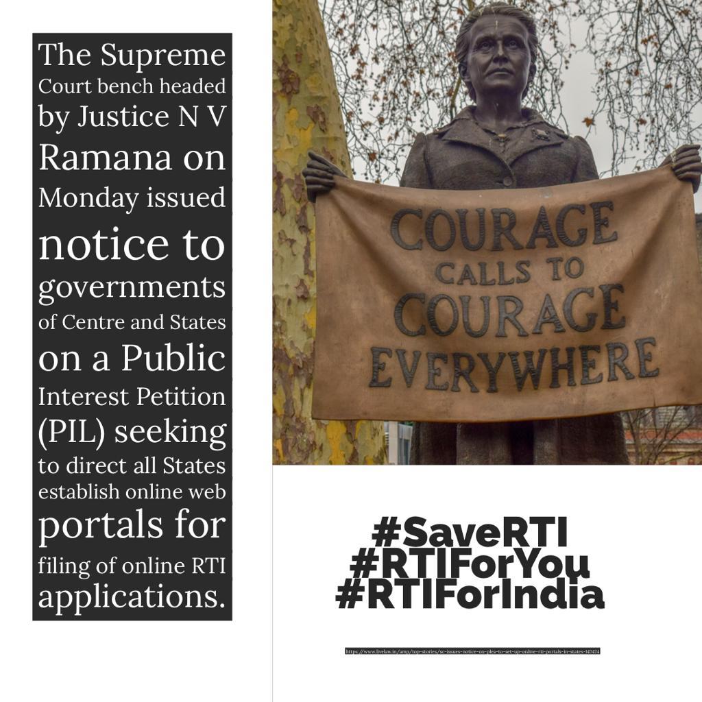 yash_agra1's tweet photo. The SC bench headed by Justice N V Ramana on Monday issued notice to govts of Centre & States on a PIL seeking to direct all States establish online web portals for filing of online RTI applications.
#SaveRTI
#RTIForYou
#RTIForIndia
Source: https://t.co/ZDR5RxAnAL https://t.co/uEUxiO1PDI