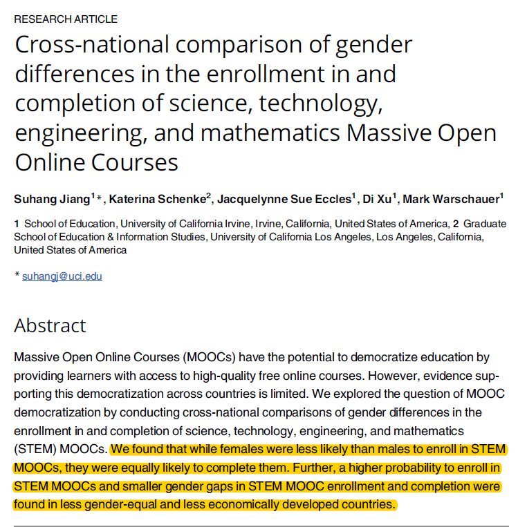  Em países mais ricos e com maior igualdade de género é menos provável mulheres se matricularem em cursos de STEM online (MOOCs).Embora tanto os homens como as mulheres inscritos evidenciem a mesma probabilidade de os concluir. https://journals.plos.org/plosone/article?id=10.1371/journal.pone.0202463