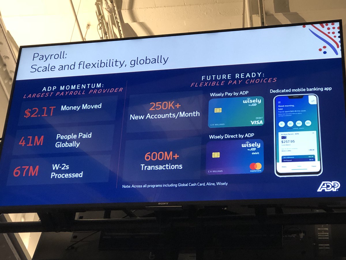 havrilla's tweet photo. Love all the data — Btw @ADP adding over 250K new accounts a month - over 600M+ transactionson Wisely platform. Whoa -- tell me #payroll isn't sexy?!?  #ADPaday https://t.co/9S35k2sJrO