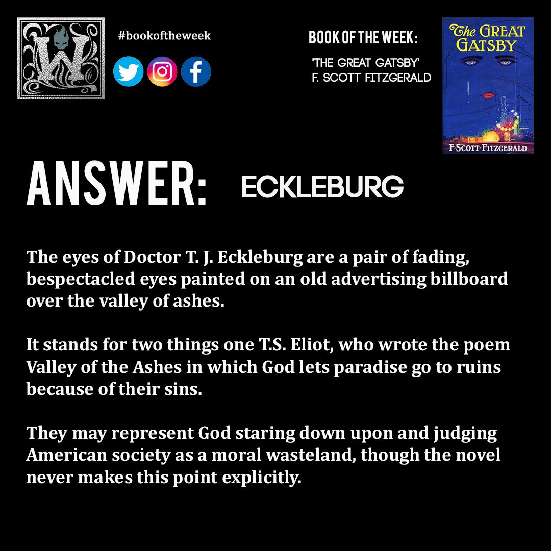 Did you get the answer right to our #bookoftheweek question?!

The eyes of Doctor T.J Eckleburg was used to symbolise many things in Fitzgerald's book 'The Great Gatsby'.