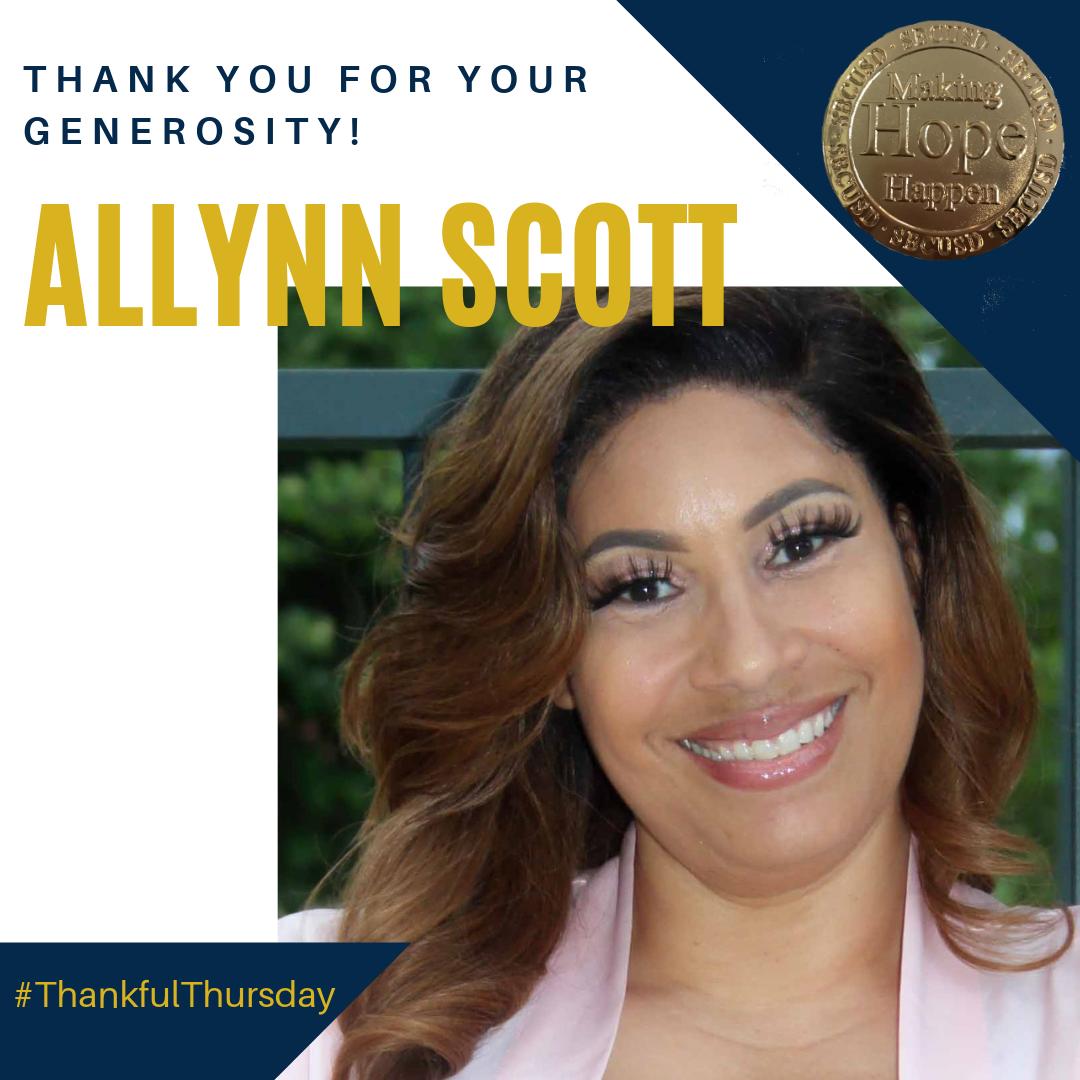 On #ThankfulThursday, we are sending a special thanks to Ms. Allynn Scott for her generous contributions. She is one of our #HeroForHope donor and @SB_CitySchools employee! We are thankful that you chose to share with our cause! Ms. Allynn Scott is #MakingHopeHappen. 💖✨