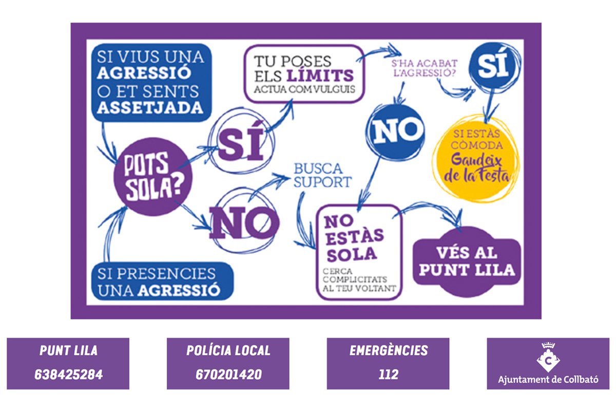 Et sents agredida a la Festa Major? Presencies una agressió? Sents que l’espai no és segur? Vine al Punt Lila! Divendres 13 i dissabte 14, de 0 a 4 h a la pista esportiva Martí Gil. #Collbató #FMCollbató19 #PuntLilaCollbató #VolemDiversióSenseCapAgressió collbato.cat/pl195/actualit…