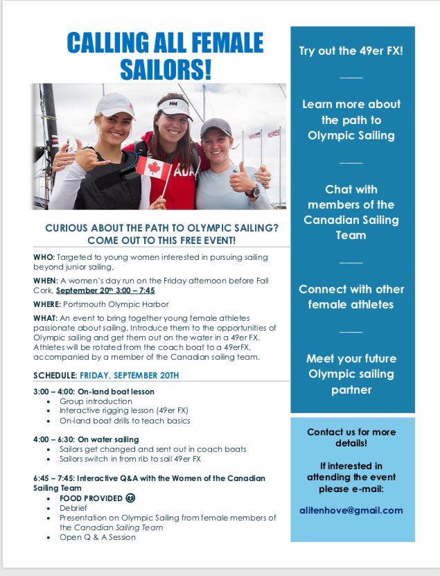 CORKKingston's tweet photo. Friday September 20th join the @SailCanada sailing team female athletes for this great development opportunity!
#CORK50 #CORKKingston #sailing #sailtowin #feelalive https://t.co/GFrgP5rsXs