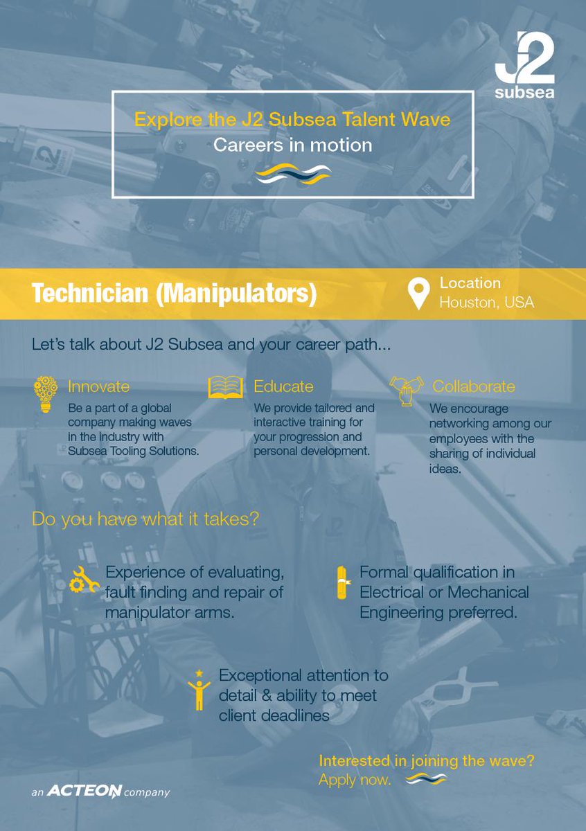 J2Subsea's tweet photo. Do you have experience evaluating and repairing Manipulator arms with exceptional attention to detail? J2 Subsea are seeking a Technician at our Houston base, if you would like to find out more please follow the link. https://t.co/cEfSBdrvTY https://t.co/J5kPbxdNf3
