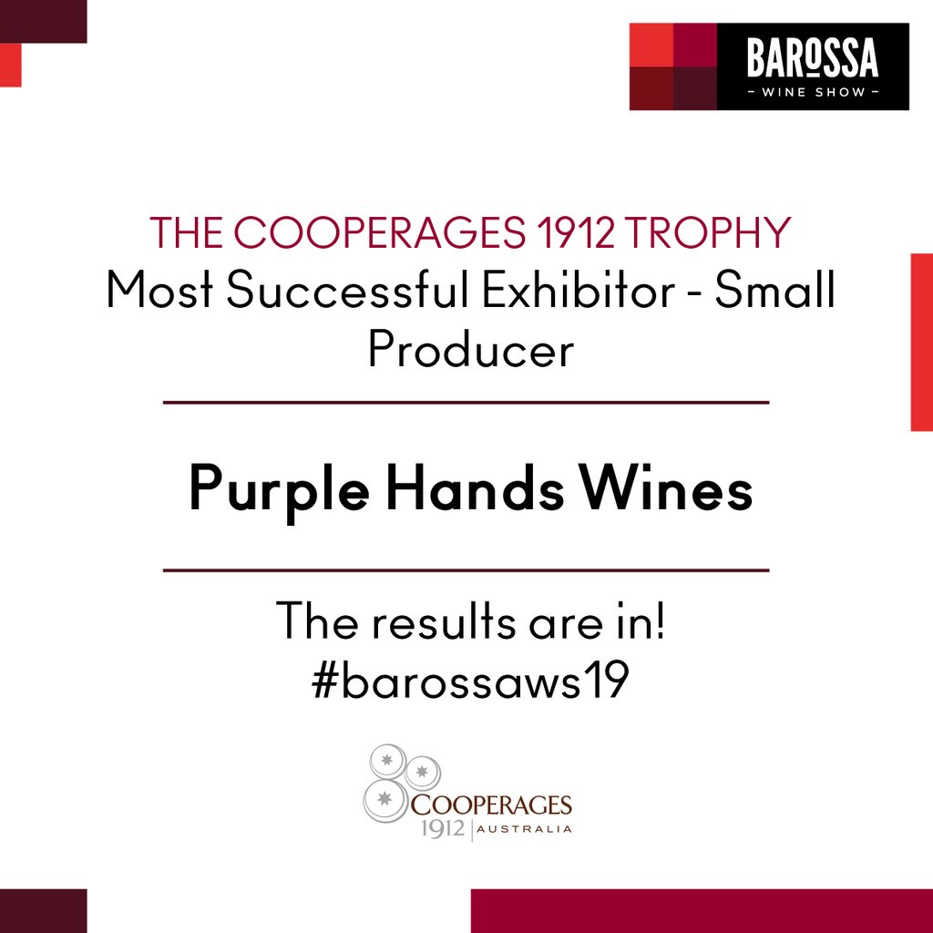 Congratulations Mark and Craig of @purplehandswines!

Crowned Most Successful Exhibitor - Small Producer, 2019 Barossa Wine Show! 

#barossaws19